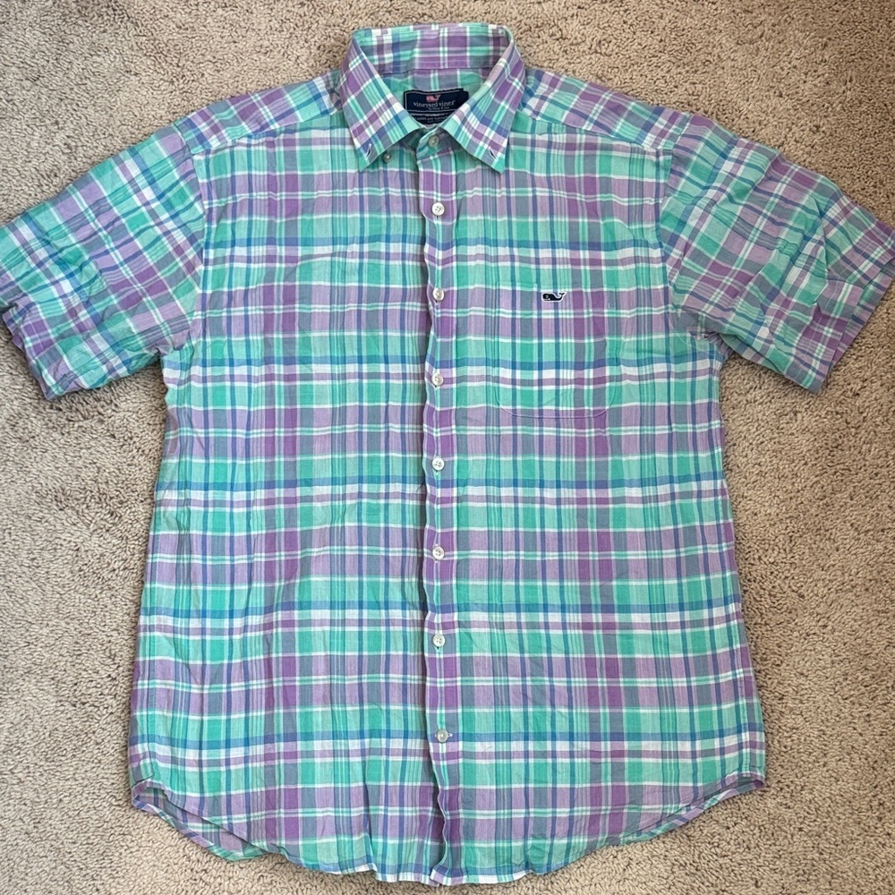 Vineyard Vines Men's Casual Plaid Shirt - Green and Purple